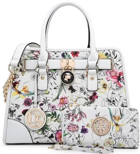 Dasein Women Handbags Top Handle Satchel Purse Shoulder Bag Hobo Bag Set 2pcs (White Floral) | Vegan Leather, Structured Design, 2pcs Set thumbnail 1
