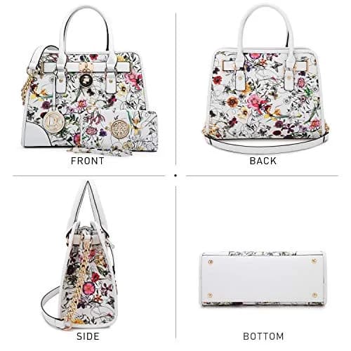 Dasein Women Handbags Top Handle Satchel Purse Shoulder Bag Hobo Bag Set 2pcs (White Floral) | Vegan Leather, Structured Design, 2pcs Set thumbnail 4
