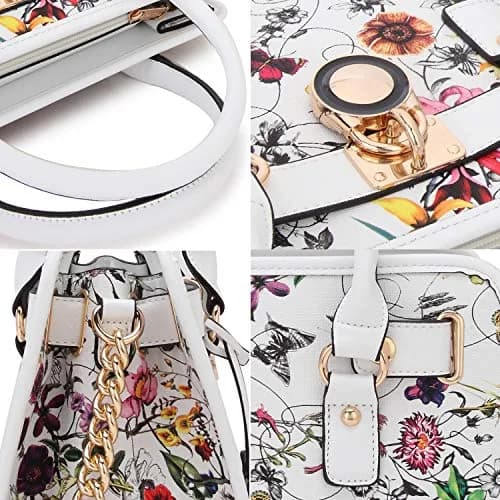 Dasein Women Handbags Top Handle Satchel Purse Shoulder Bag Hobo Bag Set 2pcs (White Floral) | Vegan Leather, Structured Design, 2pcs Set thumbnail 3