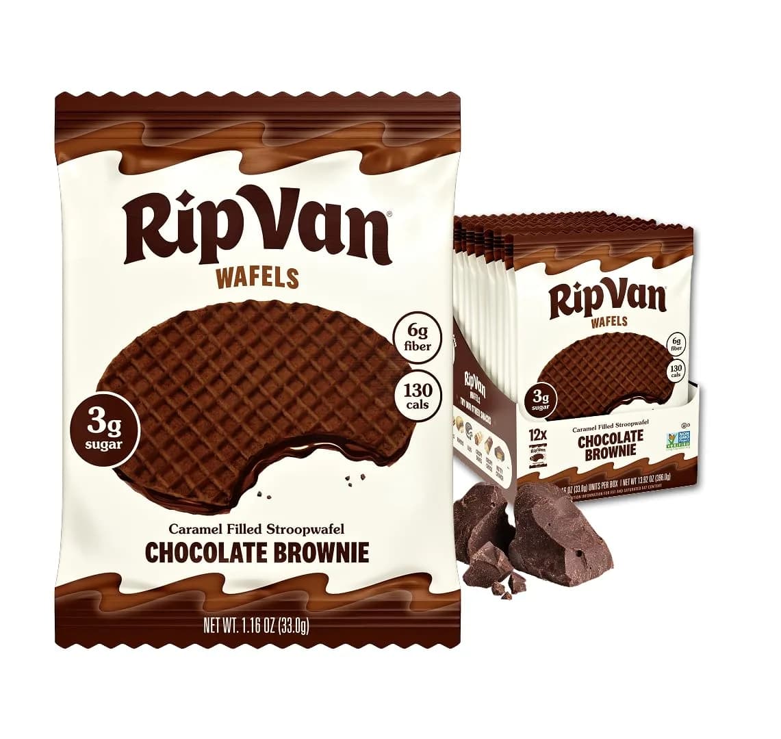 Rip Van Wafels Chocolate Brownie Stroopwafels | Low Sugar, Low Calorie Dutch Snack (1.16 oz, Pack of 12)