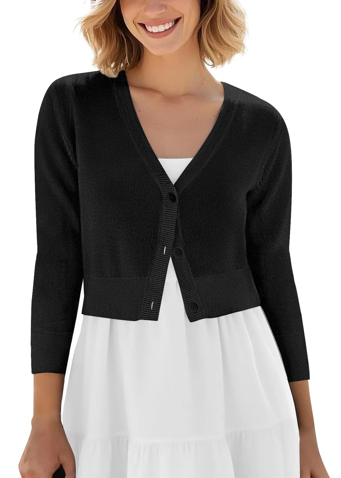 Urban CoCo Women's Cropped Cardigan V-Neck Button Down Knitted Sweater 3/4 Sleeve (M, Black) | Slim Fit, Lightweight, Breathable