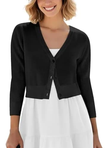 Urban CoCo Women's Cropped Cardigan V-Neck Button Down Knitted Sweater 3/4 Sleeve (M, Black) | Slim Fit, Lightweight, Breathable thumbnail 1