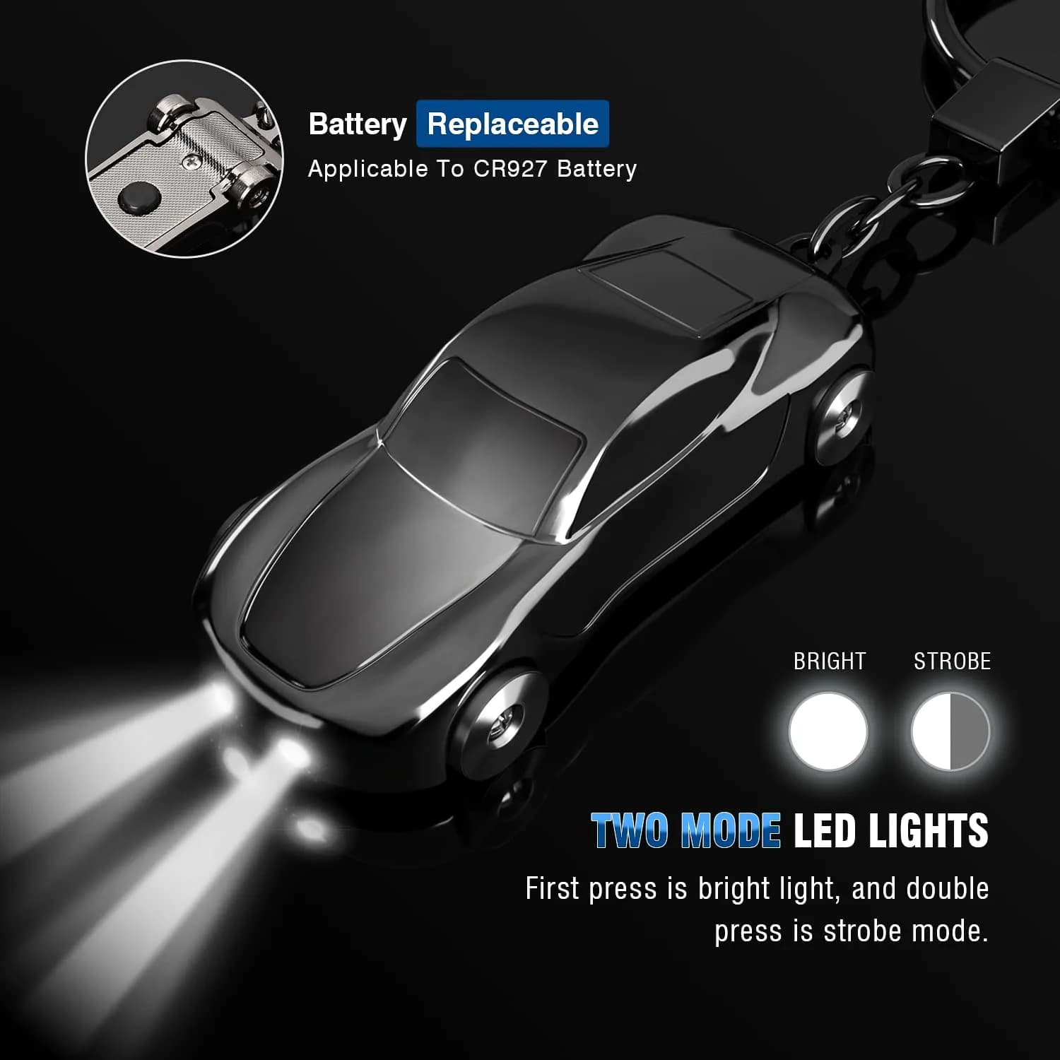 SOMGEM Car Keychain Flashlight with LED Light, Zinc Alloy, Black | Detachable 2-Mode LED Key Ring - view 2