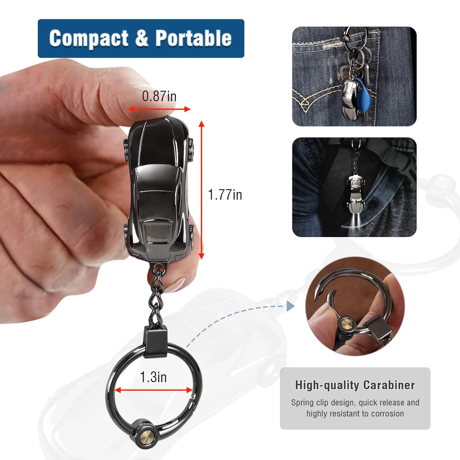 SOMGEM Car Keychain Flashlight with LED Light, Zinc Alloy, Black | Detachable 2-Mode LED Key Ring - view 4