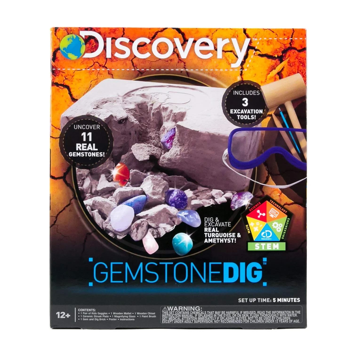 Discovery Kids Gemstone Dig STEM Science Kit | Excavate & Reveal 11 Real Gemstones (1.0 lb / 0.45 kg) — Multicolor