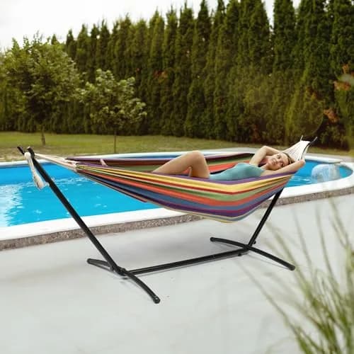 ONCLOUD Heavy Duty Double Hammock with Stand 550 lbs Rainbow Stripe | Portable & Durable thumbnail 6
