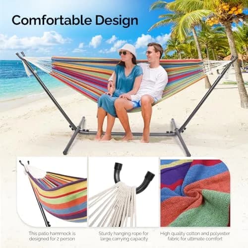 ONCLOUD Heavy Duty Double Hammock with Stand 550 lbs Rainbow Stripe | Portable & Durable thumbnail 2