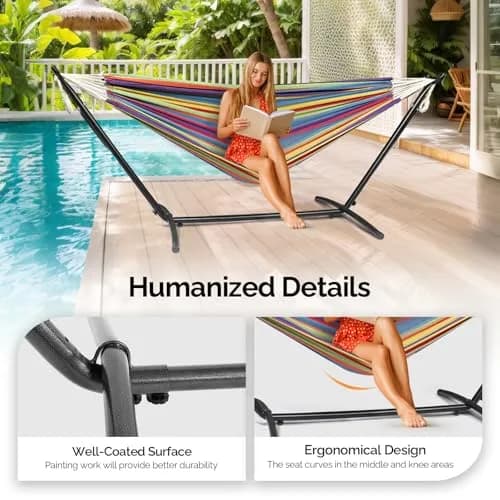 ONCLOUD Heavy Duty Double Hammock with Stand 550 lbs Rainbow Stripe | Portable & Durable thumbnail 3