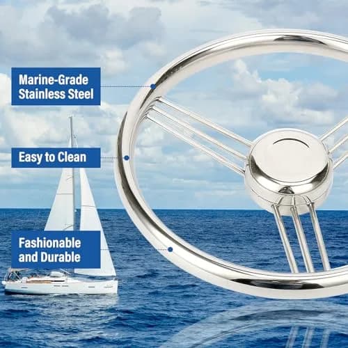 Amarine Made 13.5 Inch 9 Spoke Stainless Boat Steering Wheel - 10 Degree - 9500S380 | Polished stainless steel, universal fit thumbnail 2