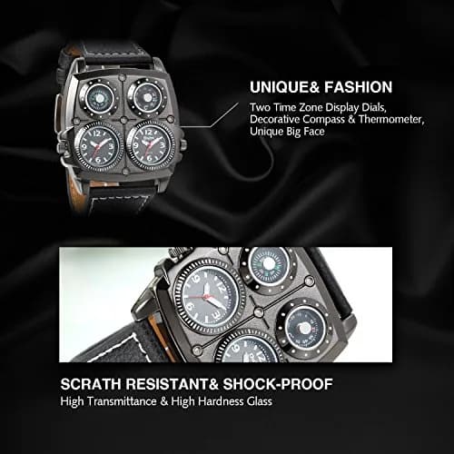 Avaner Men's Steampunk Dual Time Zone Leather Watch 5.1cm (2") Square Case | Dual Quartz Movement thumbnail 5