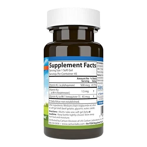 Carlson K Complete Vitamin K-1 & K2 45 Softgels | Supports Bone & Heart Health thumbnail 2
