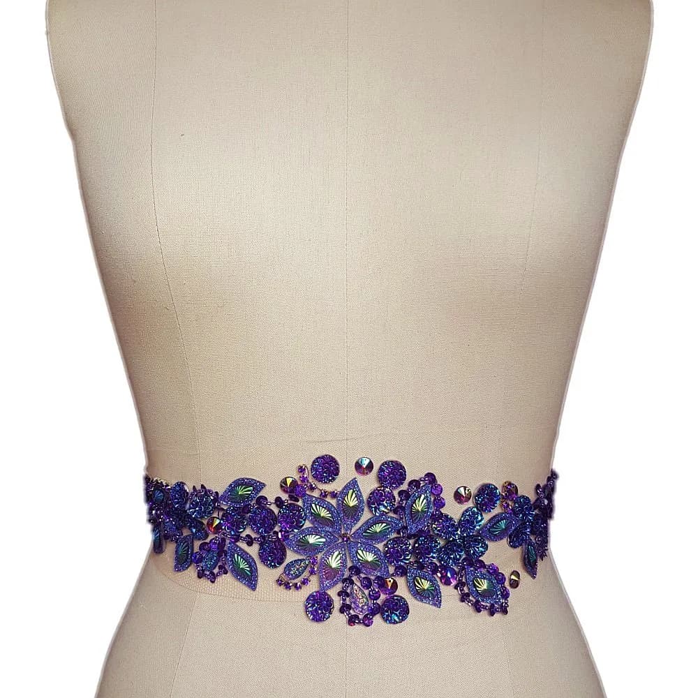 succi shan Fabric Applique Patch 3.9x14.2 inches | Bright Crystal Embroidered Floral Rhinestone Patch - main product image