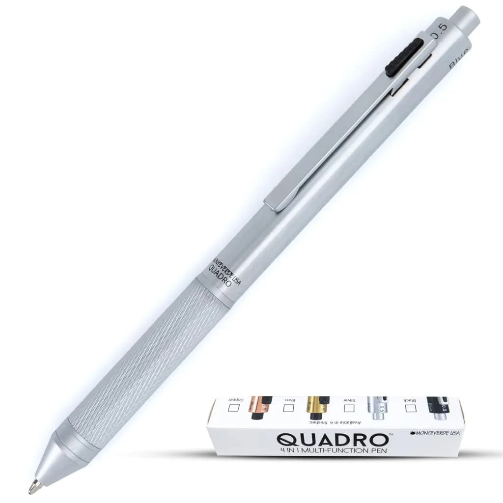 Monteverde Quadro 4-in-1 Multifunction Pen - Silver Finish - 13.5cm (5.3in) | Solid Brass Barrel with Knurled Grip - main product image