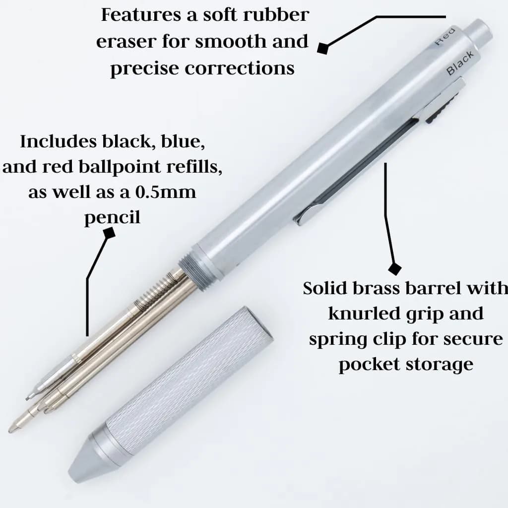Monteverde Quadro 4-in-1 Multifunction Pen - Silver Finish - 13.5cm (5.3in) | Solid Brass Barrel with Knurled Grip - view 4