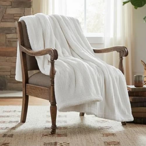 Tache Home Fashion White Blanket 90x90 in Ivory | Super Soft Faux Fur & Sherpa thumbnail 1