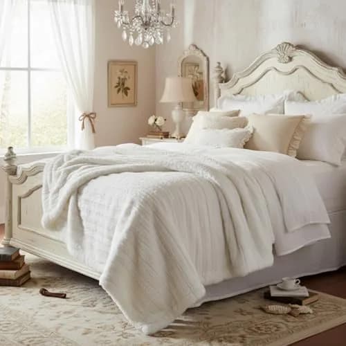 Tache Home Fashion White Blanket 90x90 in Ivory | Super Soft Faux Fur & Sherpa thumbnail 3