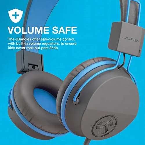 JLab JBuddies Studio On-Ear Kids Wired Headphones with Mic, 40mm Drivers, 85dB Volume Safe, Noise Isolation, Graphite/Blue thumbnail 3