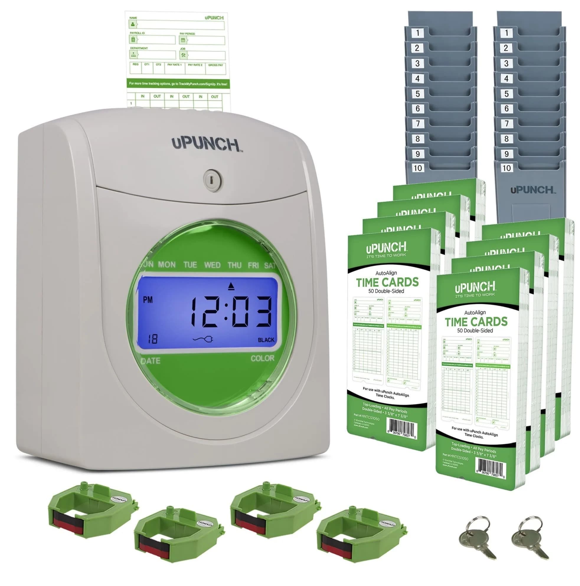 uPunch HN3540 Complete Small Business Start-Up Kit: AutoAlign Time Clock System with 400 Time Cards, 4 Ribbons, and 2 Racks | Accurate Punching & Easy Setup