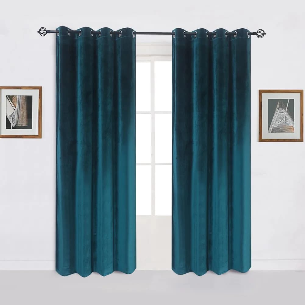 Cherry Home Dark Green Velvet Blackout Curtain Panel 52x108 inches | Energy Efficient Grommet Drapes for Bedroom — Peacock-blue / 52"W x 108"L