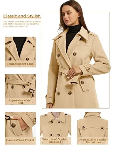 wantdo Women’s Double Breasted Pea Coat Khaki S | Windproof & Stylish Winter Coat thumbnail 5
