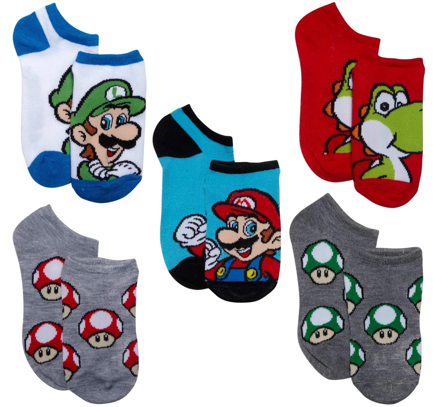Nintendo Super Mario 5 Pack No Show Socks | No Bunching, Breathable Polyester Blend, Fun Character Design