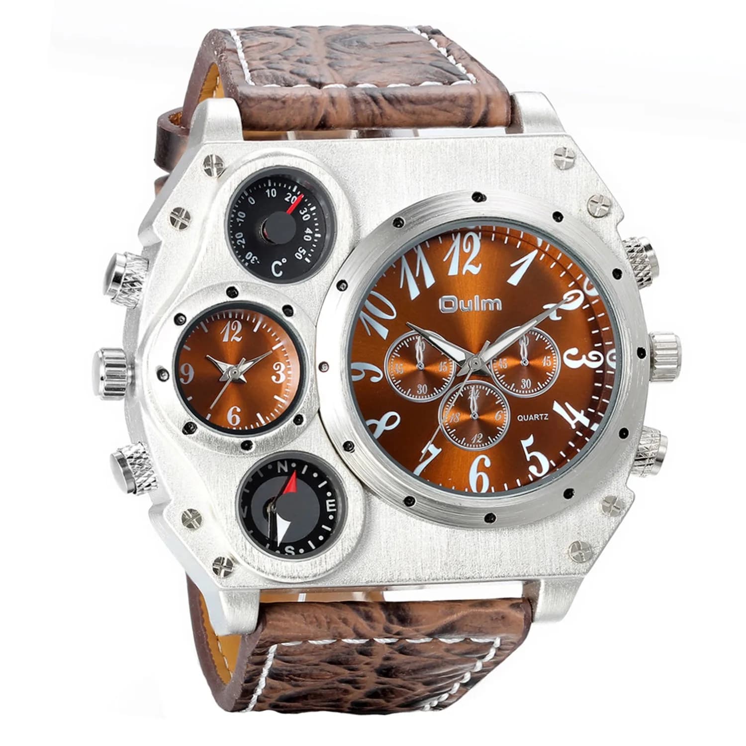 Avaner Men's Dual Time Zone Watch 58mm (2.3in) with Brown Leather Strap | Oversized Analog Quartz — Brown