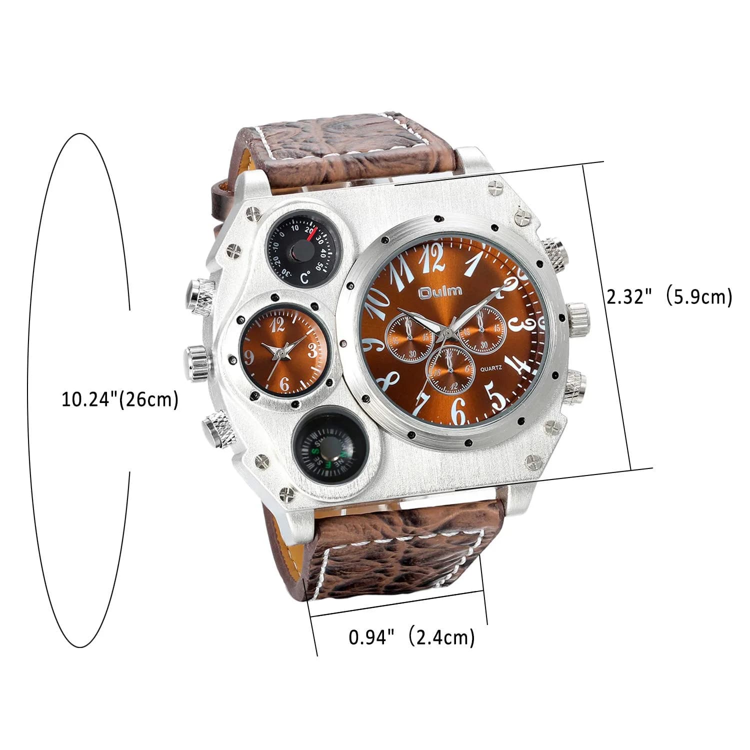 Avaner Men's Dual Time Zone Watch 58mm (2.3in) with Brown Leather Strap | Oversized Analog Quartz - view 5