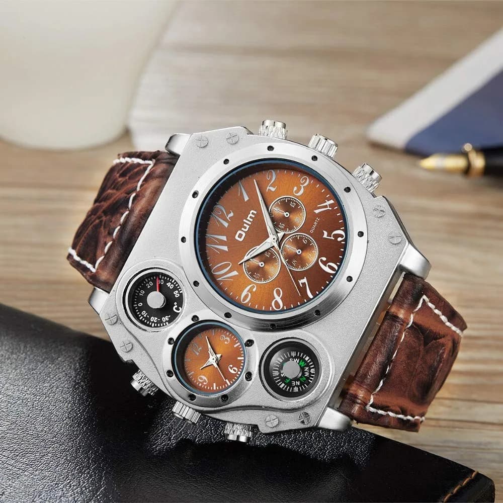 Avaner Men's Dual Time Zone Watch 58mm (2.3in) with Brown Leather Strap | Oversized Analog Quartz - view 2