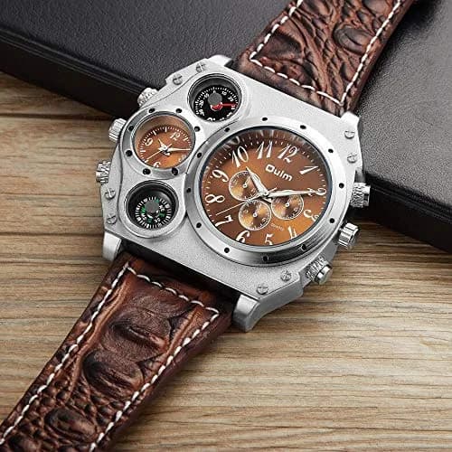Avaner Men's Dual Time Zone Watch 58mm (2.3in) with Brown Leather Strap | Oversized Analog Quartz thumbnail 3