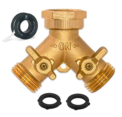 Morvat Brass Heavy-Duty Garden Hose Water Splitter | LEAD-FREE 2-Way Y Splitter for Water Spigot & Faucet | Manifold Connector ON/OFF Valves with Comfort Grip, 3 Washers & Teflon Tape thumbnail 1