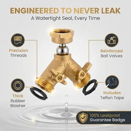 Morvat Brass Heavy-Duty Garden Hose Water Splitter | LEAD-FREE 2-Way Y Splitter for Water Spigot & Faucet | Manifold Connector ON/OFF Valves with Comfort Grip, 3 Washers & Teflon Tape thumbnail 4
