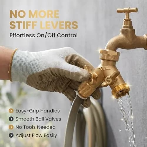 Morvat Brass Heavy-Duty Garden Hose Water Splitter | LEAD-FREE 2-Way Y Splitter for Water Spigot & Faucet | Manifold Connector ON/OFF Valves with Comfort Grip, 3 Washers & Teflon Tape thumbnail 6