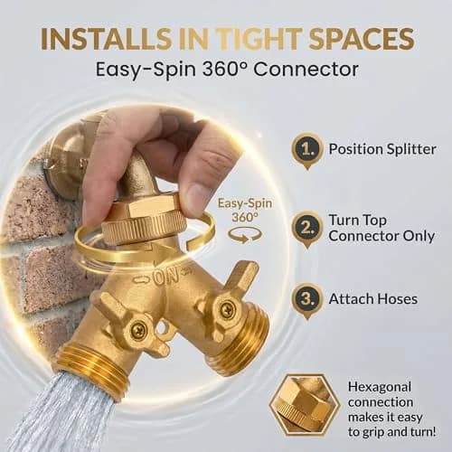 Morvat Brass Heavy-Duty Garden Hose Water Splitter | LEAD-FREE 2-Way Y Splitter for Water Spigot & Faucet | Manifold Connector ON/OFF Valves with Comfort Grip, 3 Washers & Teflon Tape thumbnail 2