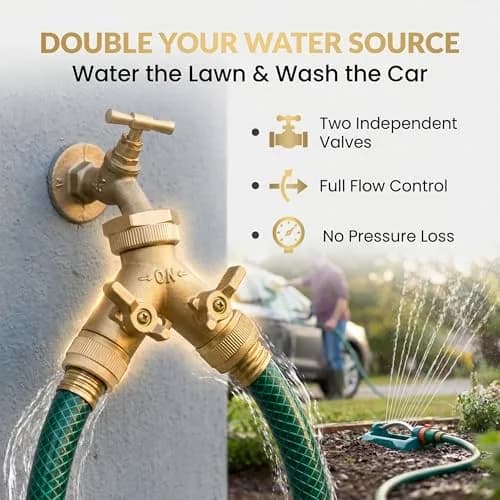 Morvat Brass Heavy-Duty Garden Hose Water Splitter | LEAD-FREE 2-Way Y Splitter for Water Spigot & Faucet | Manifold Connector ON/OFF Valves with Comfort Grip, 3 Washers & Teflon Tape thumbnail 3