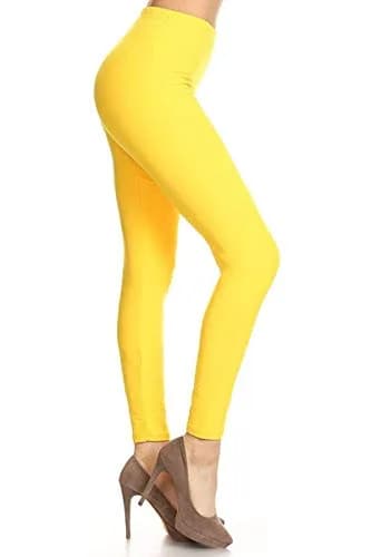 Leggings Depot Womens 1" Waistband High Waisted Solid Leggings Pants (Full Length, Yellow, One Size) thumbnail 1