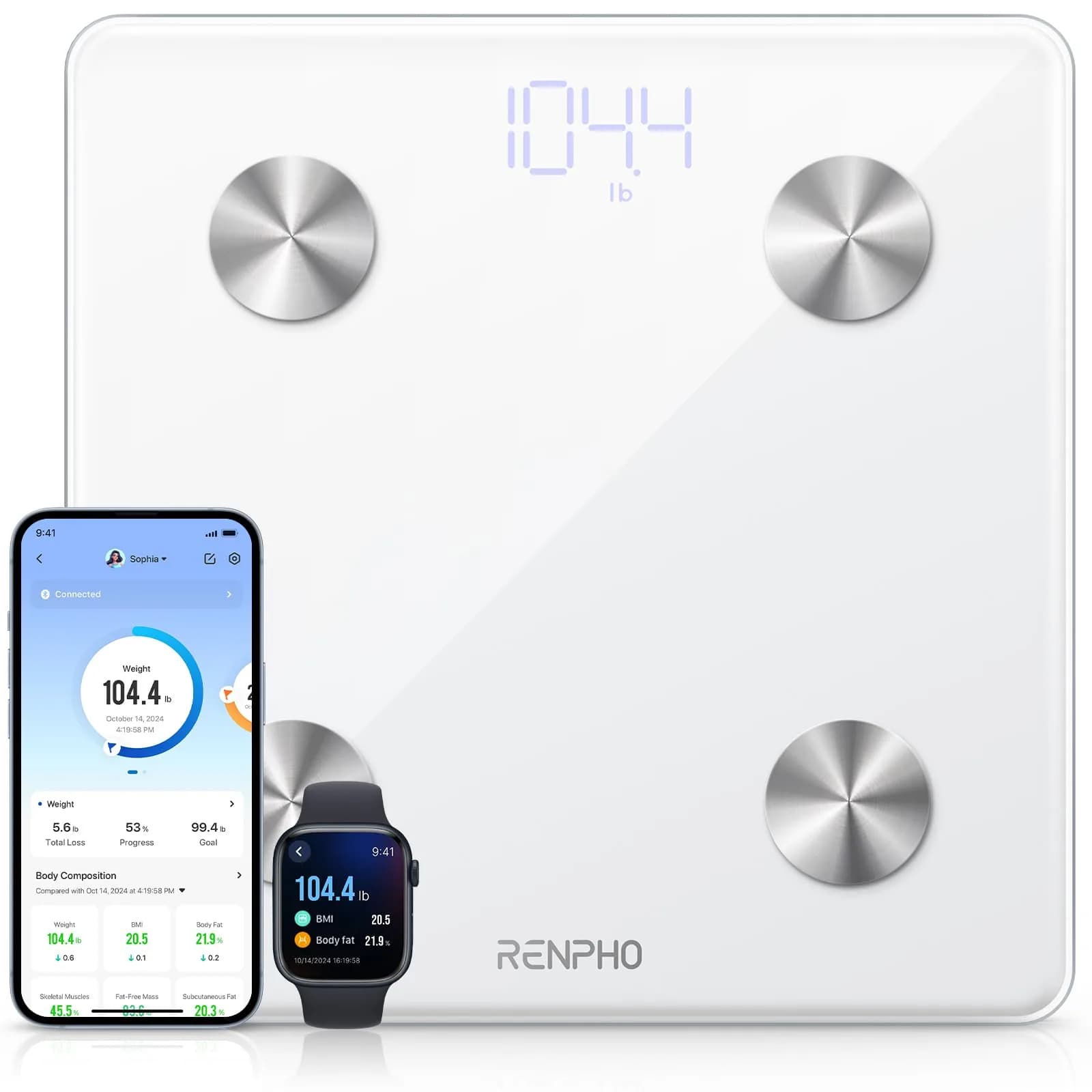RENPHO Smart Body Fat Scale 28cm (11") | Measures 13 Metrics, Syncs with App, White - main product image
