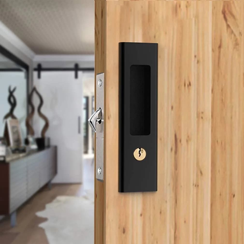 CCJH Matte Black Pocket Door Lock Hardware with Key, Zinc Alloy L-Shaped Latch 160mm x 45mm | Modern Interior Privacy Furniture Hardware — Black