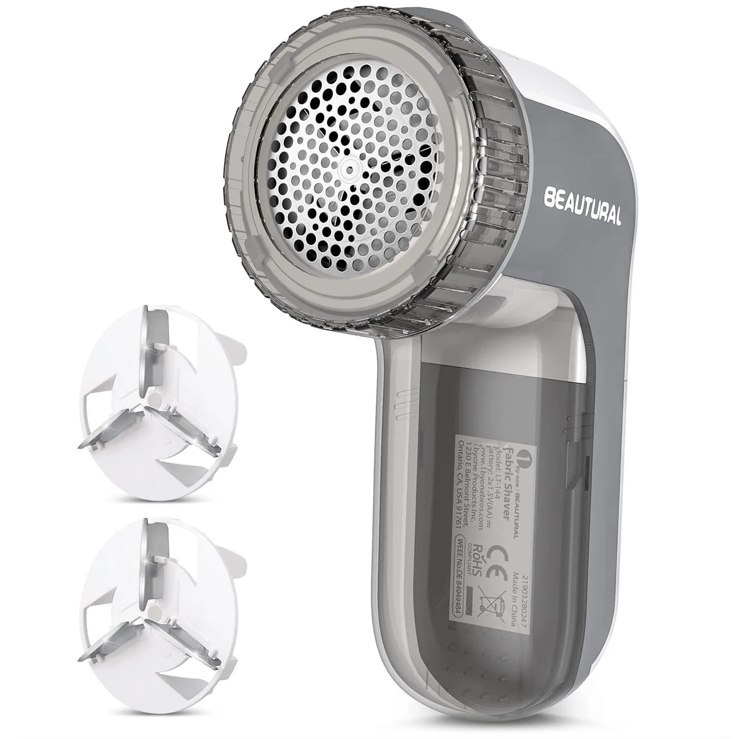 BEAUTURAL Fabric Shaver and Lint Remover, Portable Sweater Defuzzer with 2 Extra Blades | Battery Operated for Garments — Gray / Standard