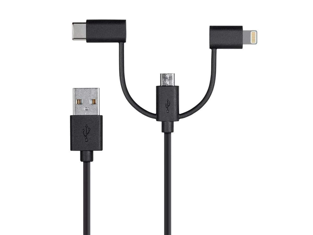 Monoprice 118789 Apple MFi Certified USB to Micro USB + USB Type-C + Lightning Cable 3ft Black — Black