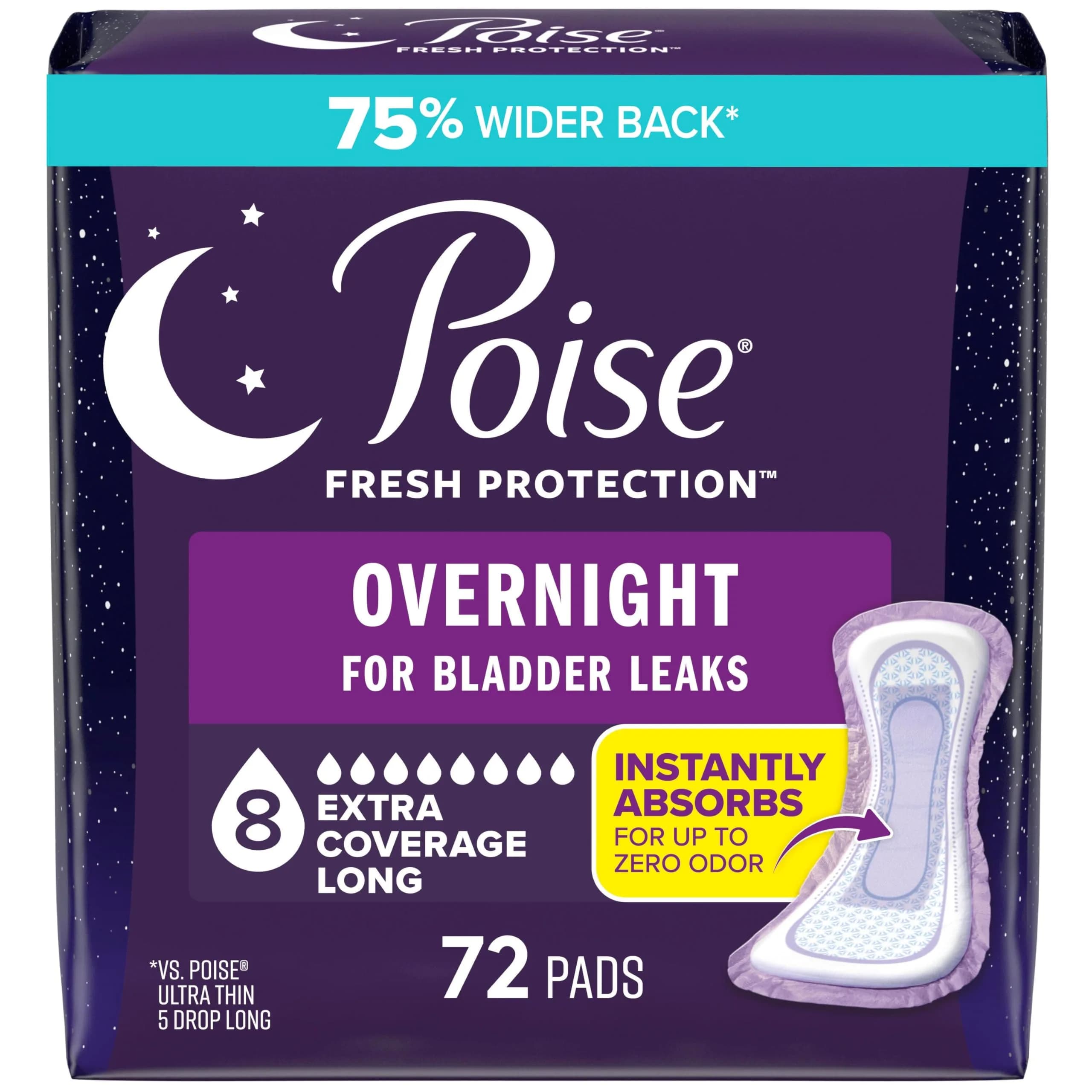 Poise Overnight Incontinence & Postpartum Pads for Bladder Leaks, 72 Count | Extra Coverage for Worry-Free Nights