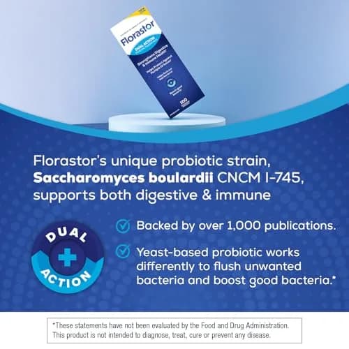 Florastor Probiotic for Digestive & Immune Support | 100 Vegetarian Capsules, Gluten-Free, Saccharomyces boulardii thumbnail 2