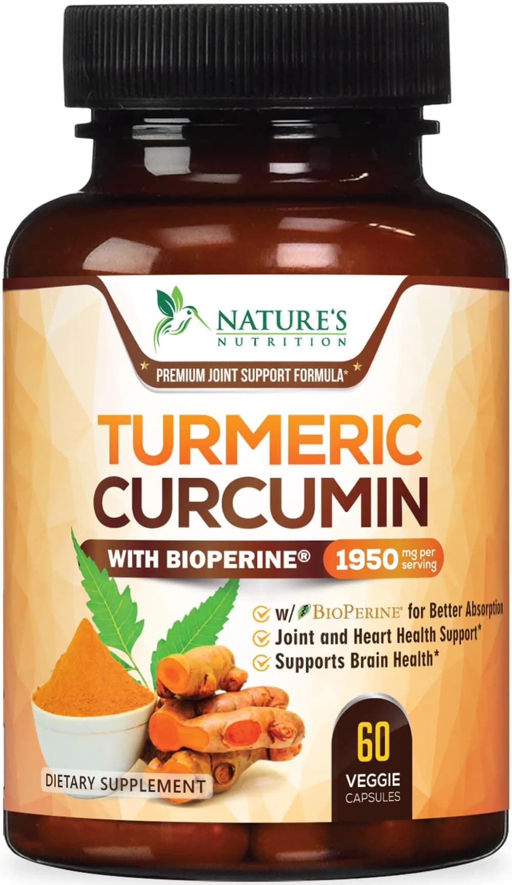 Nature's Nutrition Turmeric Curcumin Supplement 1950mg with BioPerine & Organic Turmeric | 60 Vegan Capsules — Capsule