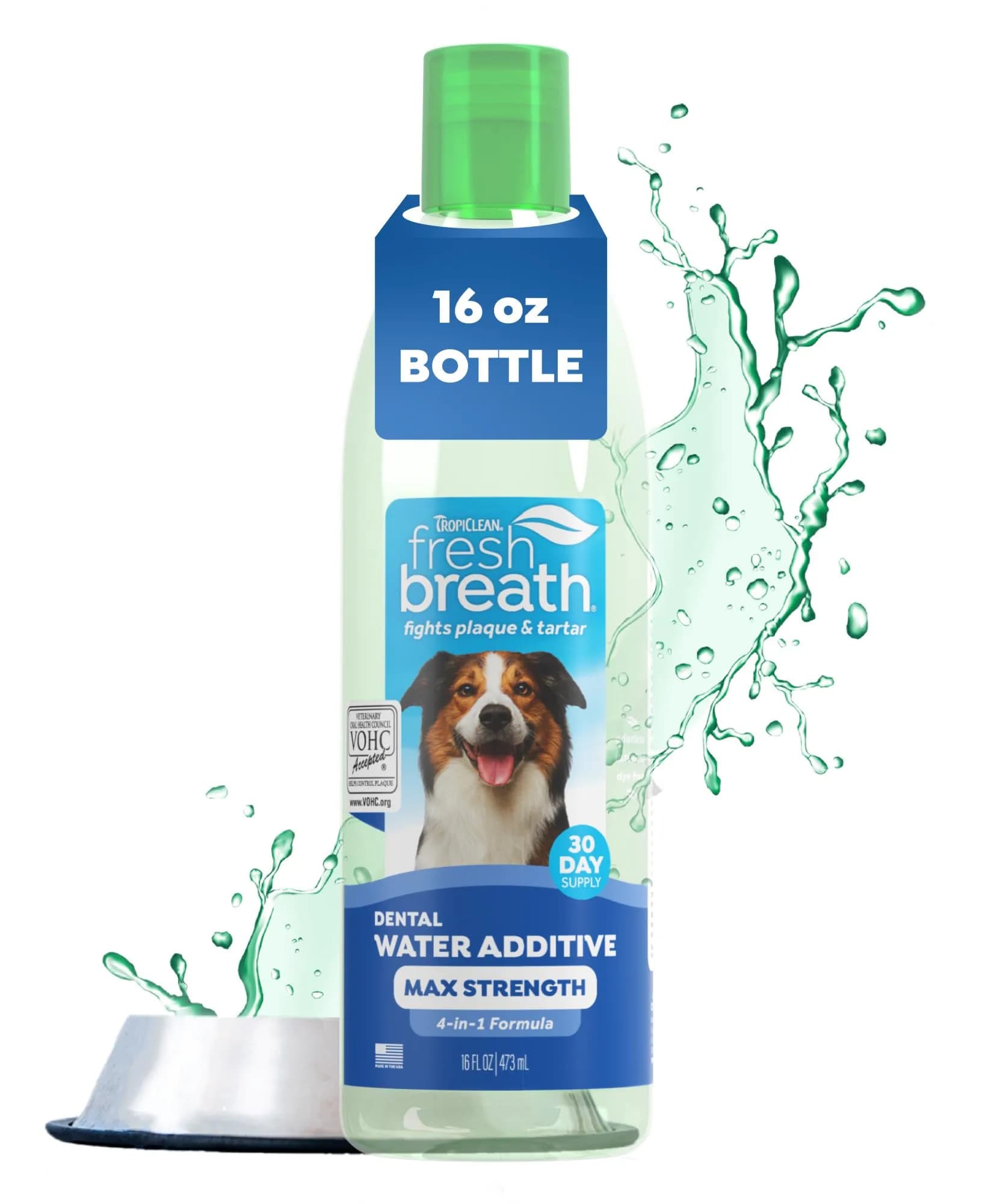 TropiClean Fresh Breath Max Strength Dog Teeth Cleaning Water Additive 473ml (16 fl oz) | VOHC Accepted for Plaque & Tartar Control