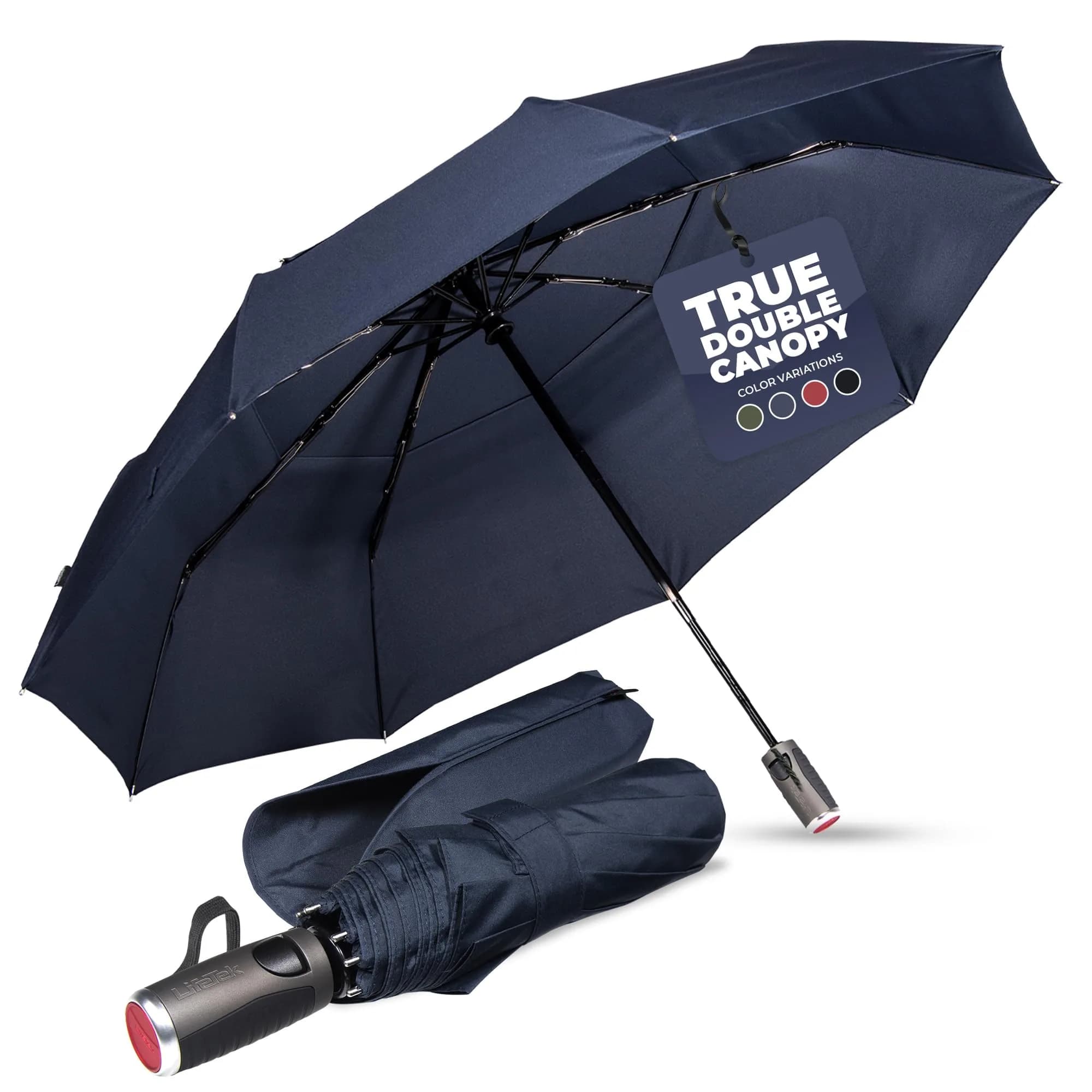 LifeTek Traveler 45 FX2 Windproof Travel Umbrella | Compact, UV Protection & Heavy Duty Frame — 45 Inch Blue FX2 Double Canopy