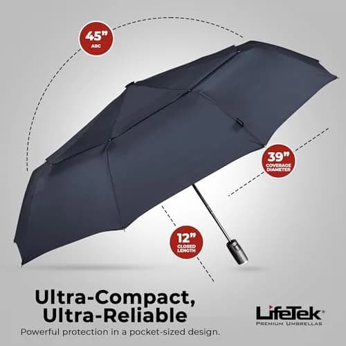 LifeTek Traveler 45 FX2 Windproof Travel Umbrella | Compact, UV Protection & Heavy Duty Frame thumbnail 5