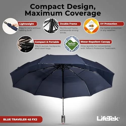 LifeTek Traveler 45 FX2 Windproof Travel Umbrella | Compact, UV Protection & Heavy Duty Frame thumbnail 2