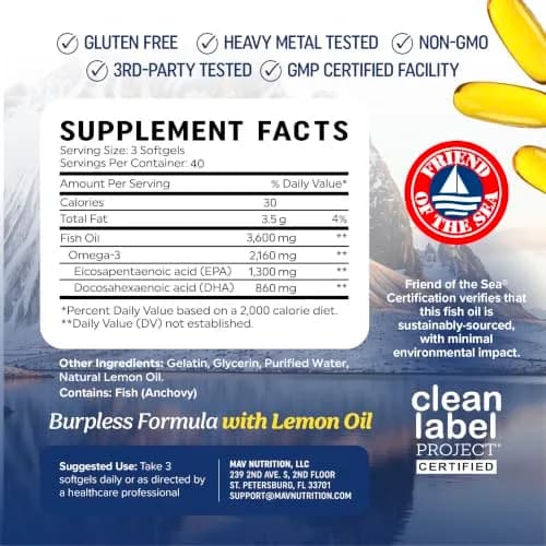 MAV NUTRITION Triple Strength Omega 3 Fish Oil 3600 mg, EPA & DHA, 2100mg Omega-3, 120 Softgels | Doctor-Formulated for Heart & Brain Health thumbnail 6