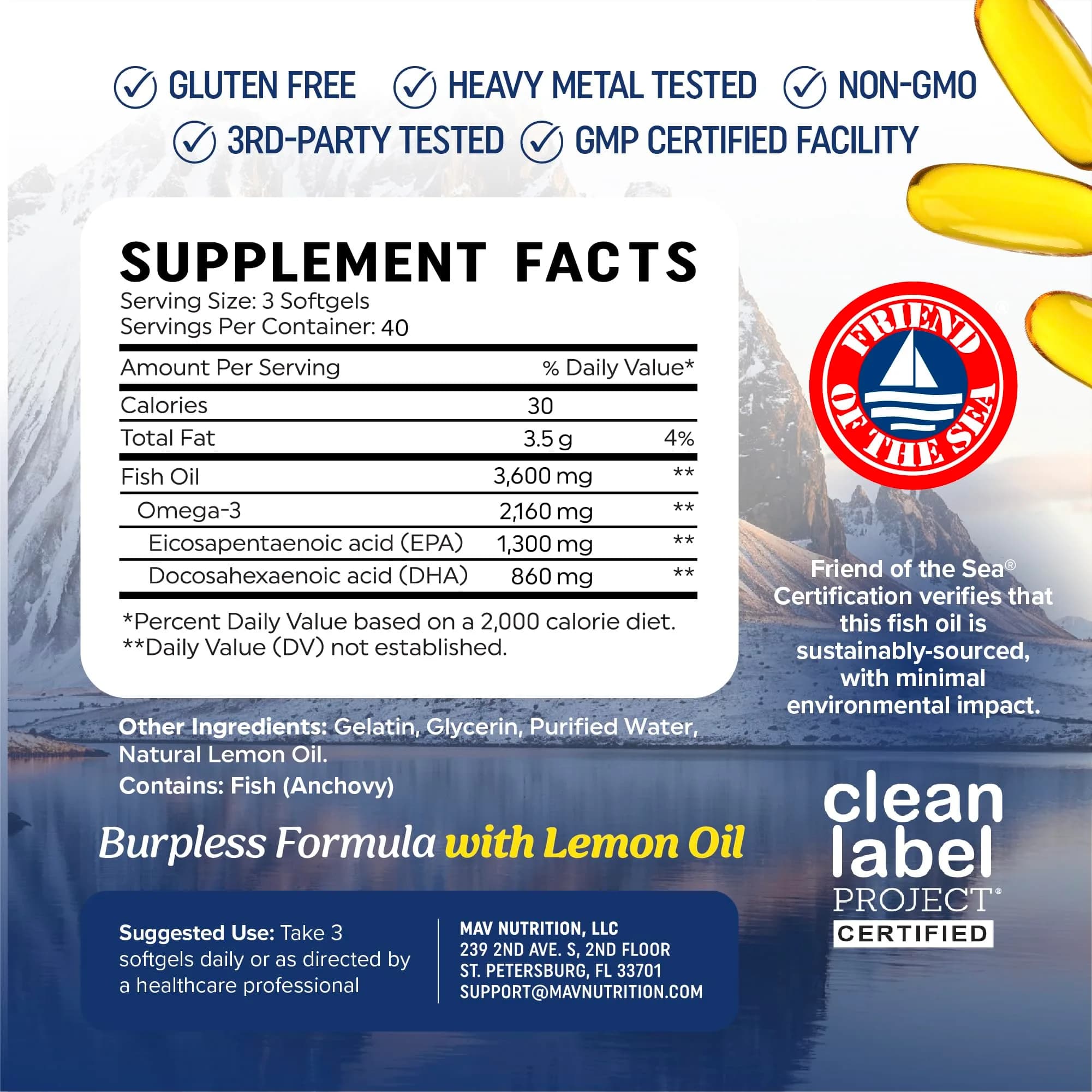 MAV NUTRITION Triple Strength Omega 3 Fish Oil 3600 mg, EPA & DHA, 2100mg Omega-3, 120 Softgels | Doctor-Formulated for Heart & Brain Health - view 6