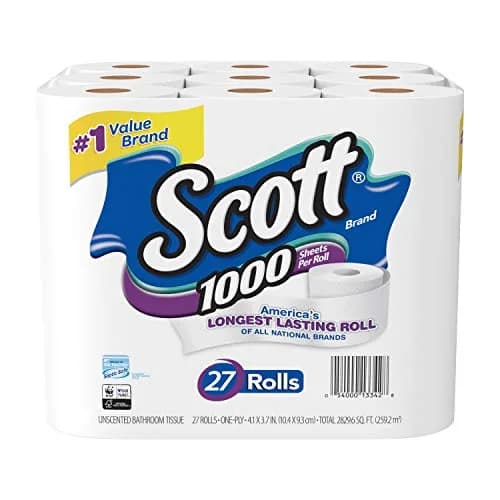 Scott 1000 Sheets Per Roll Toilet Paper, 27 Rolls (Pack of 1) | Septic Safe Bath Tissue thumbnail 1