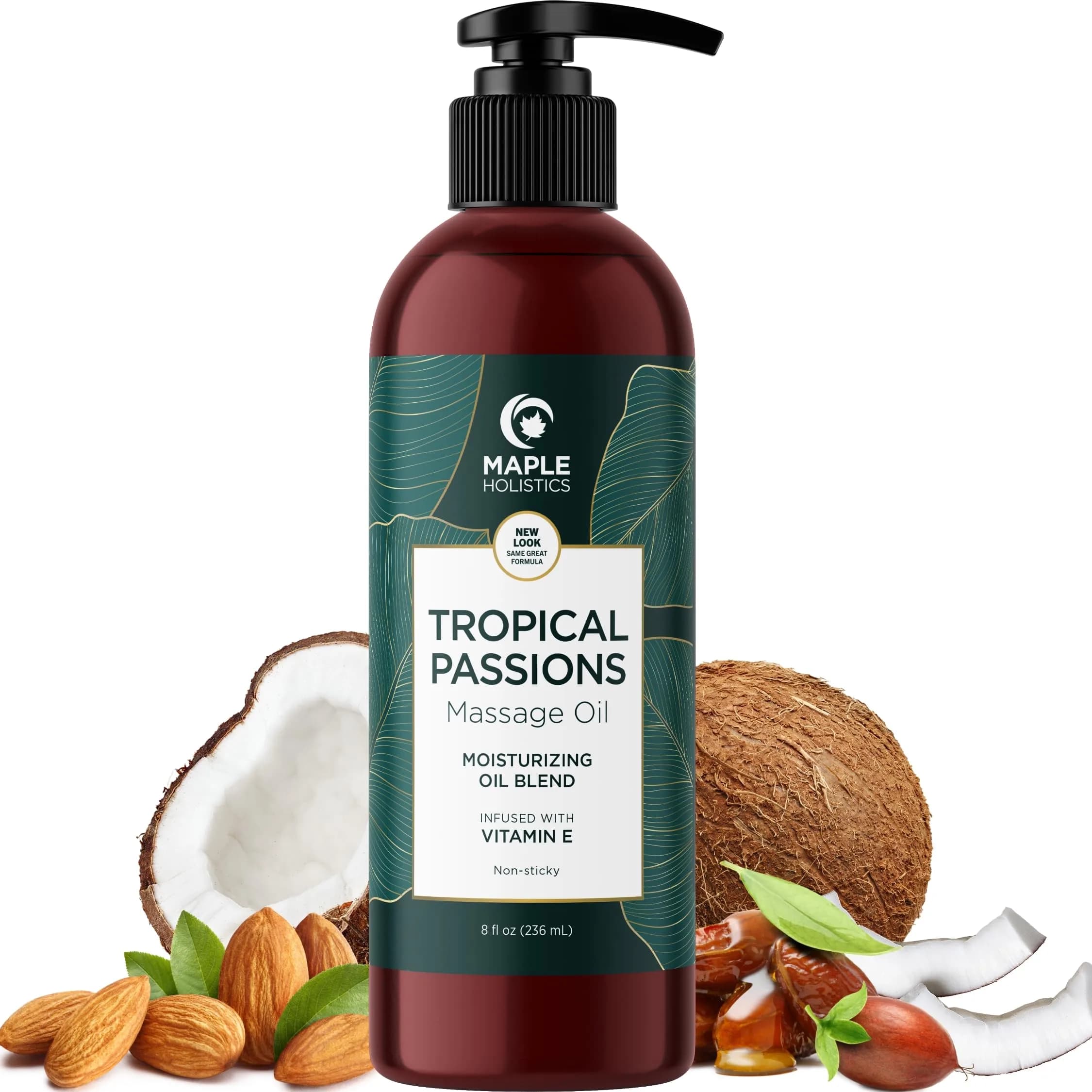Maple Holistics Tropical Sensual Massage Oil 8 Fl Oz | Coconut & Sweet Almond with Mango Scent, Vegan & Gluten-Free